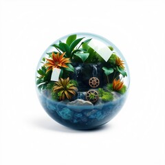 Obraz premium Glass sphere contains lush vegetation, waterfall, rocks, gears. Miniature ecosystem inside reflective orb. Bright colors, detailed textures.