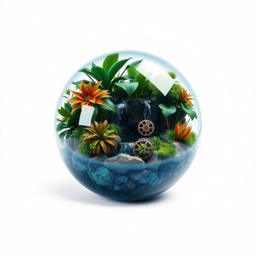 Glass sphere contains lush vegetation, waterfall, rocks, gears. Miniature ecosystem inside reflective orb. Bright colors, detailed textures.