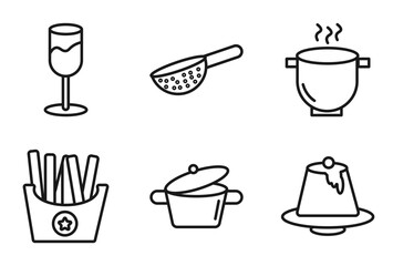 Obraz premium outline bistro and restaurant icons set - wide glass, strainer with handle, boiling water pan, creme caramel. editable vector for web and mobile ui