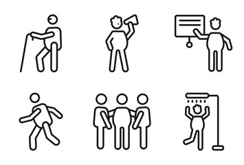 Fototapeta premium outline behavior icons set - blindman with cane, man shouting, presentation whiteboard, man showering. editable vector for web and mobile ui