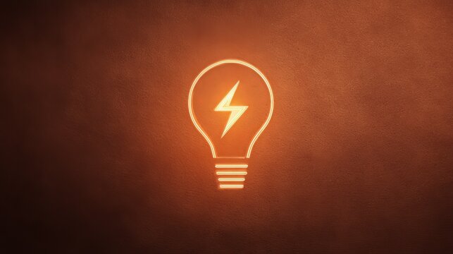 Glowing neon lightbulb icon against a textured orange background symbolizes innovation, creativity, and bright ideas for modern concepts.