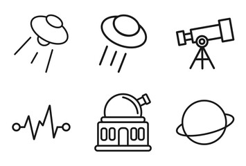 outline astronomy icons set - ufo flying, ufo and cow, telescope pointing up, saturn. editable vector for web and mobile ui © IconArt