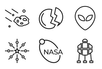 outline astronomy icons set - aerolite, destroyed planet, extraterrestial head, space lander. editable vector for web and mobile ui © IconArt