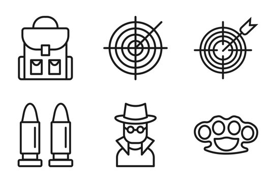 outline army and war icons set - backpack, militar radar, aim, knuckle. editable vector for web and mobile ui