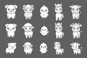 Cute Farm Animals Set: Pig, Chick, Sheep, Horse, and Cow. Cartoon Line Art Vector Illustration for Coloring Book. © Ashis