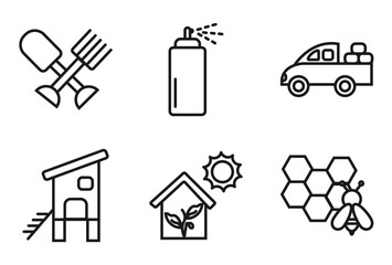 outline agriculture farming icons set - farm tools, sprayer, pickup, honeycomb. editable vector for web and mobile ui © IconArt