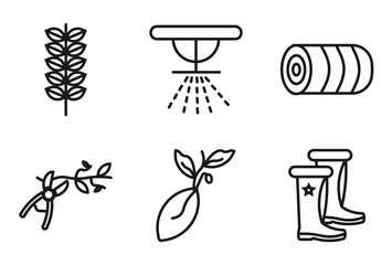 outline farming icons set - oat, sprinkler, hay bale, boot shoes. editable vector for web and mobile ui © IconArt
