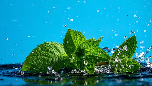 Fresh mint leaves splash through clear water against a blue background, symbolizing purity, vitality, and the invigorating essence of natural freshness and renewal.