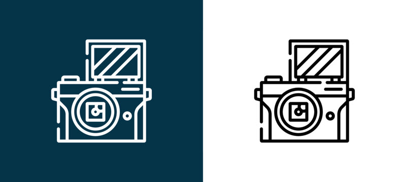Two-tone photo camera line icon pair in black and white, editable stroke vector illustration for web, mobile apps, UI design, branding, and print from Content Creator