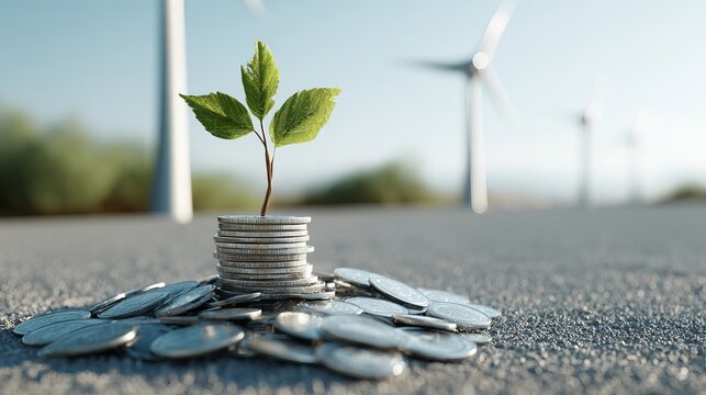 A vibrant green seedling sprouts from a stack of coins, symbolizing sustainable growth and renewable energy investment for a brighter future.