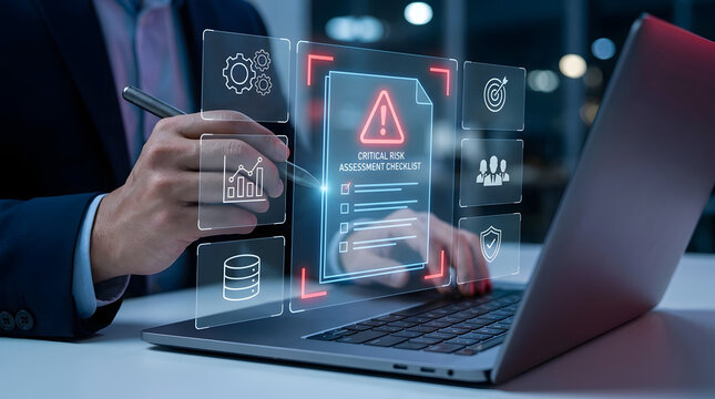 Audit management and corporate governance concept with businessman reviewing digital compliance checklist and online documents on laptop for cybersecurity and risk assessment