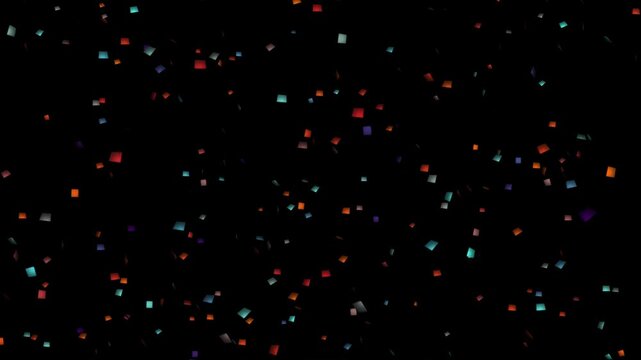 Colorful festive confetti falling slowly against a black background