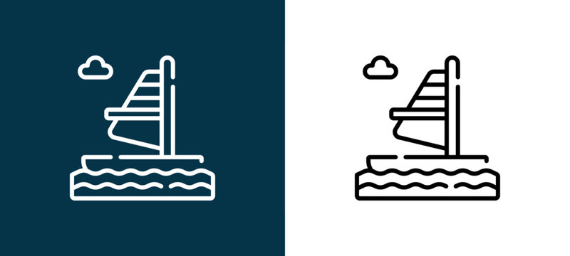 Two-tone windsurfing line icon pair in black and white, editable stroke vector illustration for web, mobile apps, UI design, branding, and print from Travel