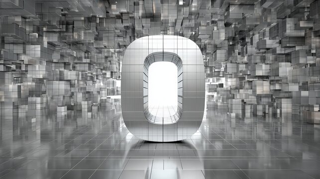 A striking digital representation of the number zero, formed from countless reflective cubes, symbolizes potential and infinite possibilities.
