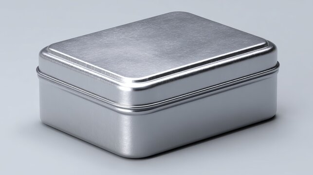 A sleek, silver metal container sits prominently against a soft gray backdrop, showcasing its clean lines and modern design for product packaging.