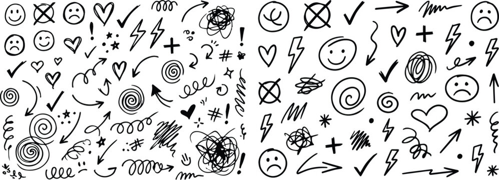 Sketchy arrow set with pen, crayon and chalk effects. Hand drawn style with brush and pencil strokes. Flat vector illustration isolated on white. Distressed rough texture for creative design.