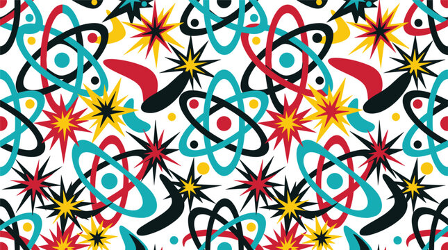 Seamless pattern featuring atomic symbols, starbursts, and boomerang shapes in teal, red, and yellow colors on a white background