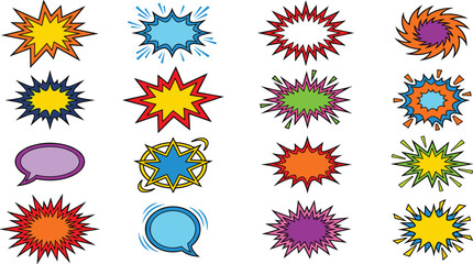 Collection of colorful comic book style speech bubbles and explosive burst shapes for © MDFERDOUS