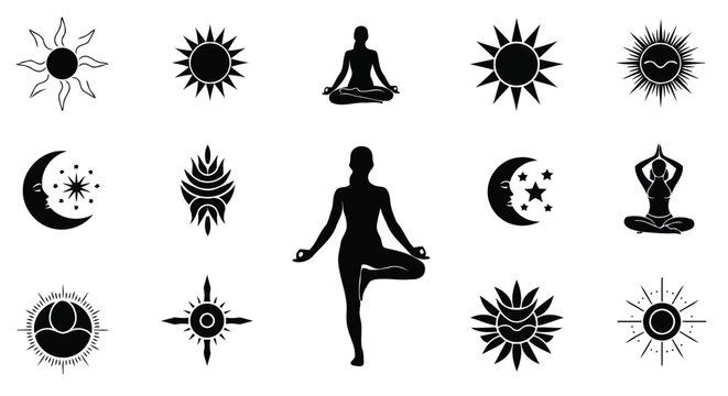 Dark silhouette symbols of esoteric emblems and an active lifestyle.