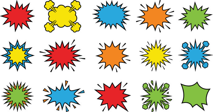 Set of colorful comic book explosion bursts and speech bubbles in various shapes and colors