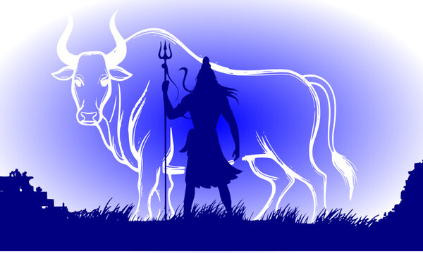 Lord Shiva standing silhouette holding trishul trident alongside a majestic white line art Nandi bull on a blue gradient vignette background.