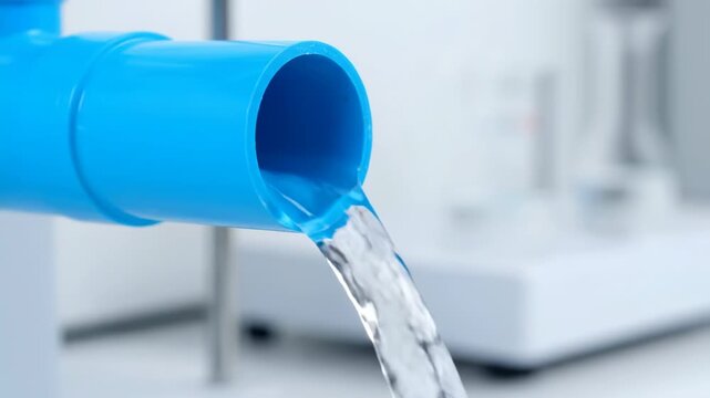 Clear Fresh Water Flowing From Blue Plastic Pipe.