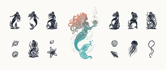 Fototapeta premium Fantasy Mermaid Silhouette Collection with Ocean Creatures and Underwater Decorative Elements