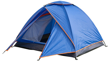 Blue dome camping tent with orange trim, isolated on transparent background © George