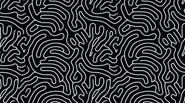 Monochrome seamless pattern with white maze like lines on black background