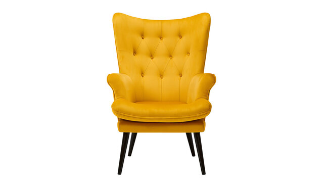 Tufted yellow velvet armchair with black legs, isolated on transparent background