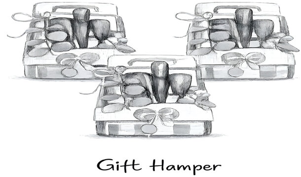 Hand-painted sketchbook occupation of gift hamper collection featuring elegant gift boxes decorated with ribbons, bows, floral accents, and premium packaging details. Ideal for holiday promotions