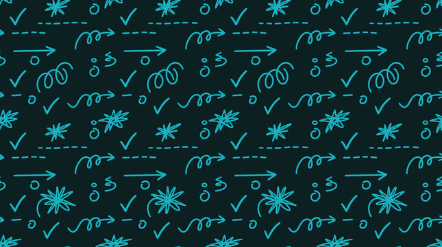 Seamless pattern with hand drawn teal arrows and symbols on dark background