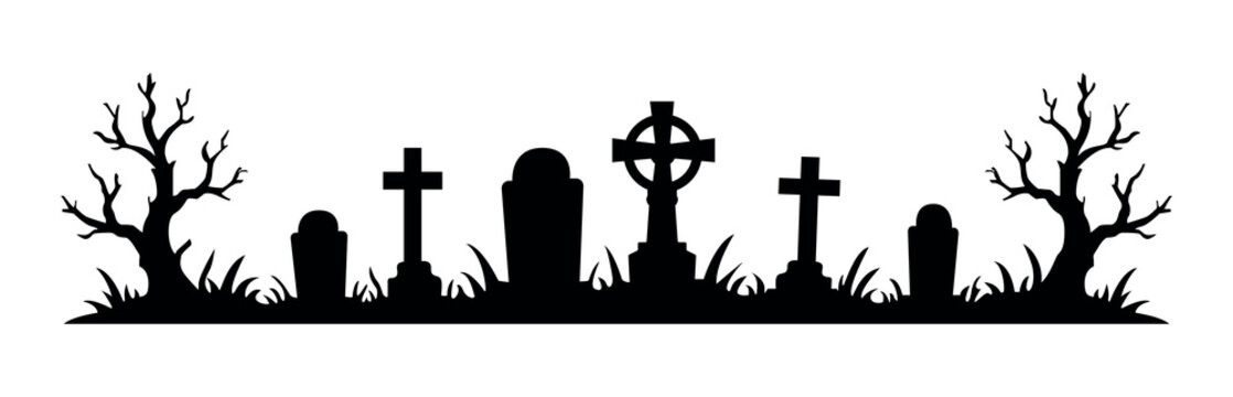Spooky Cemetery Border Silhouette with Tombstones Dead Trees and Grass Halloween Vector Illustration Design