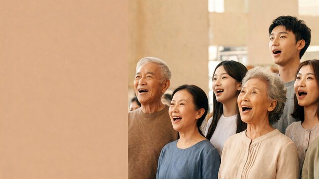 Asian multi generational family singing together, expressing happiness and unity as a choir, engaging in music and enjoying the moment with clear emotion