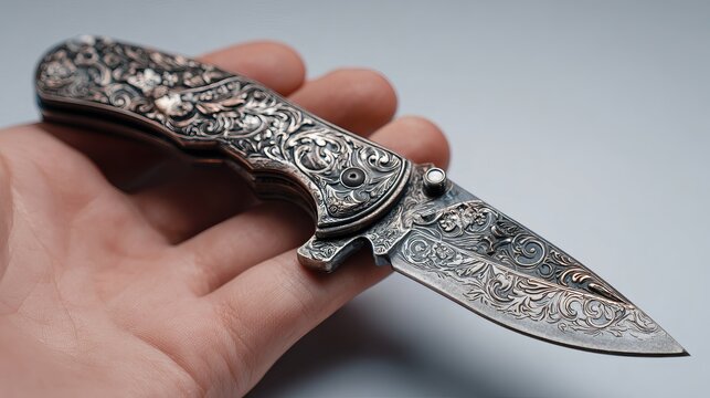 An intricately carved antique folding knife rests gently in a hand, showcasing detailed floral patterns and a timeless craftsmanship aesthetic.