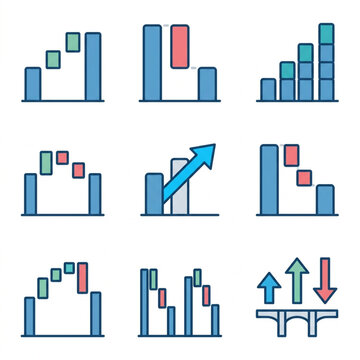 Collection of various bar chart icons representing growth and decline.