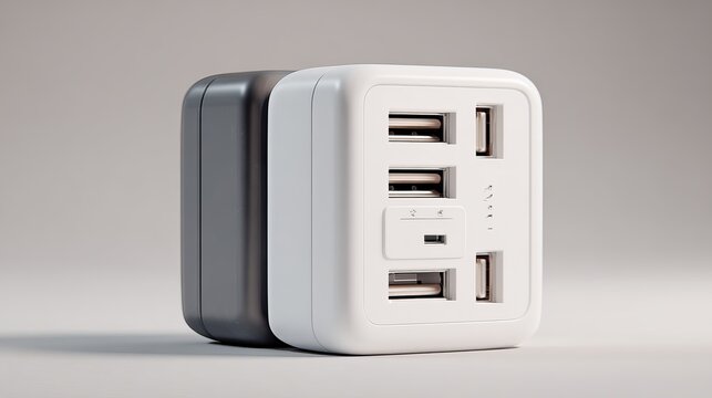 Modern USB charging hub with multiple ports sits on a neutral surface, showcasing its sleek design and convenient power distribution capabilities.