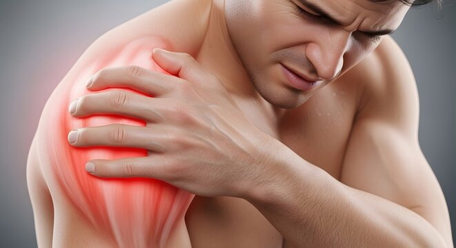 Shoulder pain and rotator cuff injury. Musculoskeletal health and physical ache. Man clutching his painful shoulder with a highlighted red area of intense discomfort
