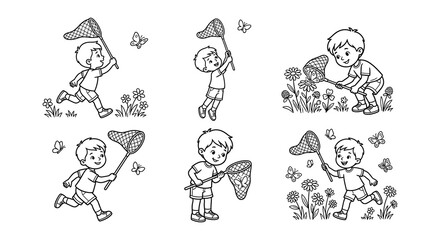 Children Catching Butterflies With Nets Black And White Vector Illustration © Nayem