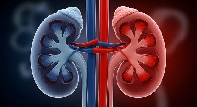 Human kidney health and renal function. Internal organ anatomy and medical diagnostic concepts. Detailed 3D rendering of human kidneys showing healthy and potentially damaged structures