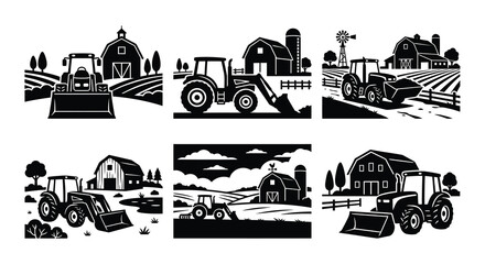 Farm tractors with barns and fields black and white vector illustration © Nayem