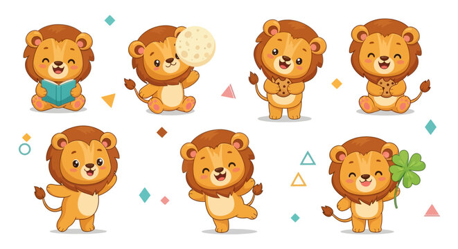 Cute Cartoon Lion Character Set in Various Poses and Activities