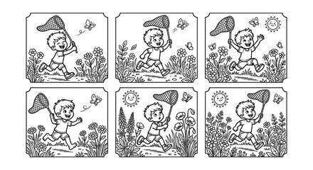 Children Catching Butterflies With Nets Black And White Vector Illustration © Nayem