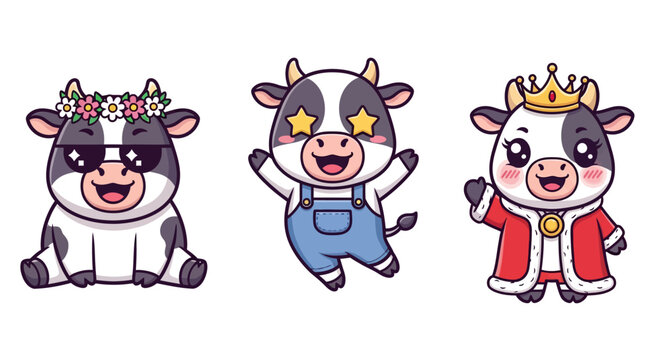 Three cartoon cows in different outfits and poses.