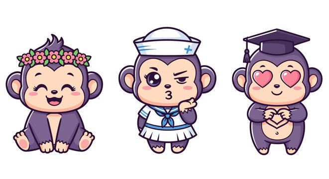 Three cartoon monkeys in different costumes and outfits.