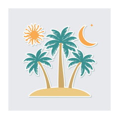 Fototapeta premium Tropical island with palm trees sun and moon illustration