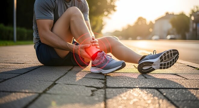 Ankle sprain and sports injury pain. Physical activity strain and joint rehabilitation. Man sitting on pavement holding an injured ankle with glowing red pain indication