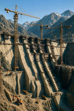 Massive concrete dam construction site with industrial cranes in mountain valley