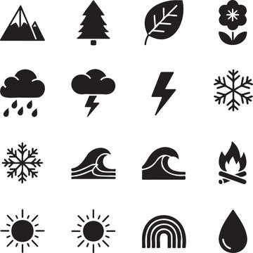 Weather and nature icons including sun cloud lightning wave and snowflake graphics