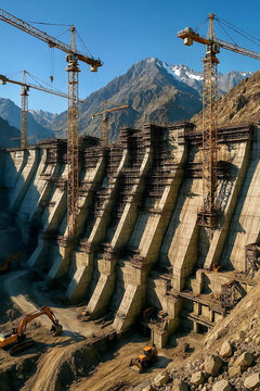 Massive concrete dam construction site with industrial cranes in mountain valley